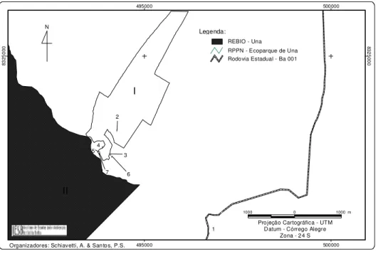 Figura 2. Localização da infra-estrutura da Reserva Particular do Patrimônio Natural Ecoparque de Una, onde I – RPPN Ecoparque de Una (383 ha), II – Reserva Biológica de Una, 1.