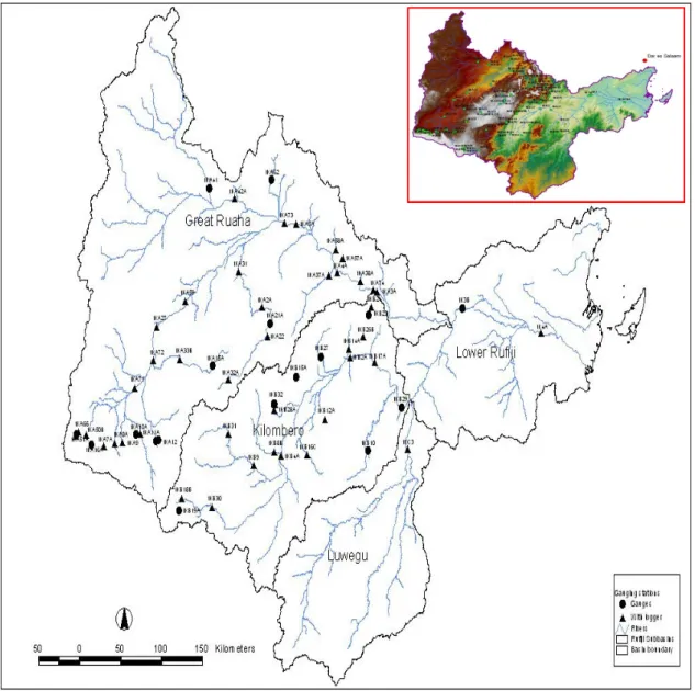 Figure 3.3. Map showing boundary, sub-basins, gauging stations and rivers of Rufiji basin  in Tanzania (RBWB, 2013; RBWB,2014) 