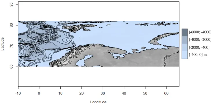 Figure I-2 Bathymetric map of the Arctic Ocean (coordinates: lon1= -10, lon2= 66, lat1= 60, lat2= 82)