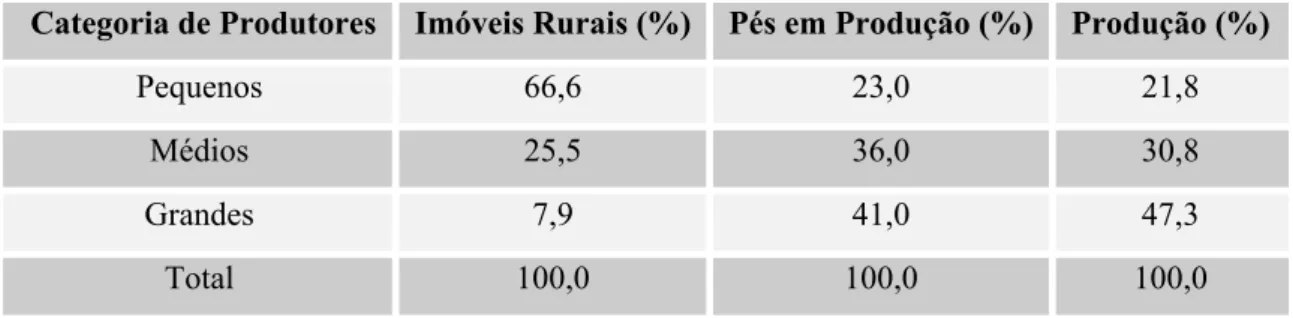 TABELA 2.5 - Participação (%) das categorias de produtores no número de imóveis rurais, na produção e no total de pés em produção do Estado de São Paulo – 1995/96.