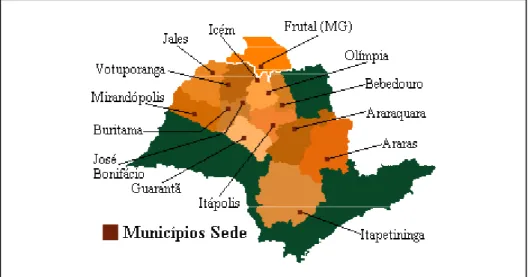 FIGURA 4.1 – Região Nobre da Citricultura (Cinturão Citrícola) e os municípios onde o FUNDECITRUS mantém centros de apoio