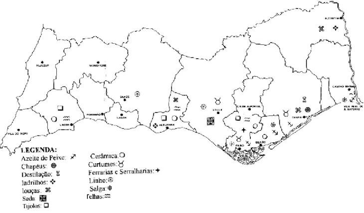 Figura 1 - Mapa da distribuição geográfica da proto-indústria algarvia (1810-1852) 