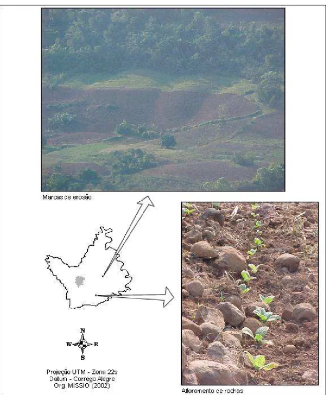 FIGURA 19: Erosão e afloramento de rochas em áreas agrícolas, no Município de Frederico Westphalen.