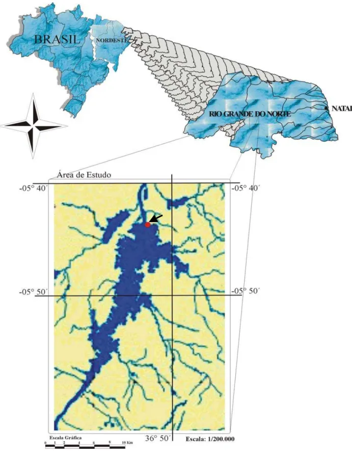 Figura 1. Estação de coleta e localização geográfica da Barragem Engenheiro Armando  Ribeiro Gonçalves, ASSU-RN