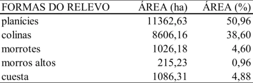 Tabela 4.1 Áreas estimadas (ha) para as diferentes formas do relevo e  porcentagem de cada classe em relação à área total da BHRB 
