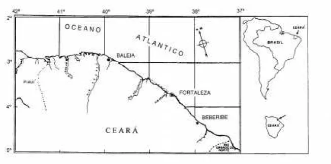 Figura 1. Mapa do Estado do Ceará indicando os lugares onde foram implantados os recifes artificiais estudados nesta pesquisa.