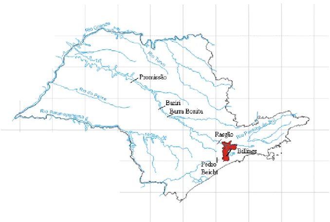 FIGURA 4.1 – Mapa da hidrografia de São Paulo mostrando as represas estudadas no Rio Tietê.