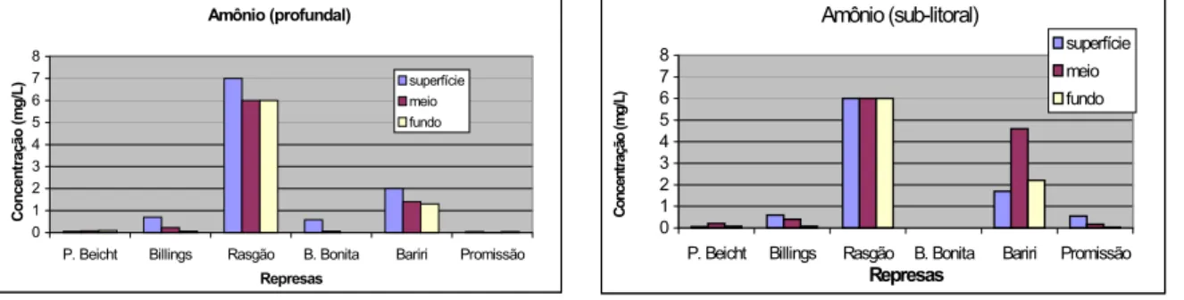 FIGURA 6.5 – Distribuição espacial da concentração de amônio nas zonas profundal e sub-litoral na campanha 1.