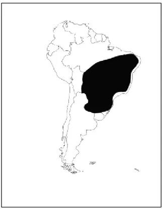 Figura 2 - Mapa da América do Sul indicando a área de ocorrência do  lobo guará (Dietz, 1984) 