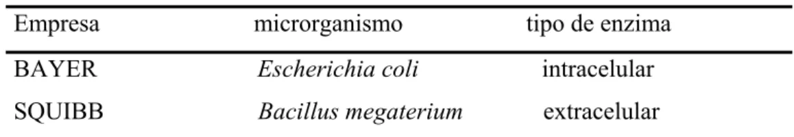Tabela 2.1. Algumas empresas e seus respectivos microrganismos produtores de enzima penicilina G acilase e forma da enzima intra ou extra celular (Savidge,1984).