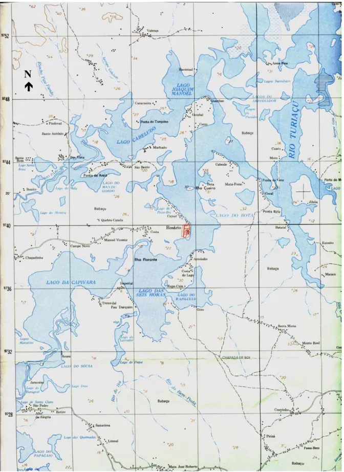 Figura 3- Mapa da região da bacia do rio Turiaçu, município de Santa Helena, MA, onde se localizam os lagos Cabeludo, Caboclo e Bate Terra