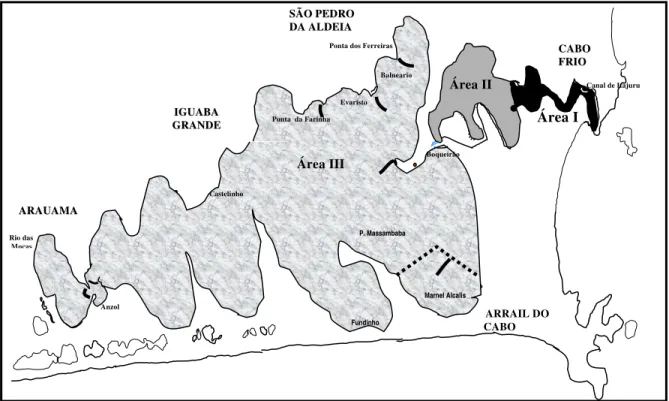 Figura 1 – Divisão da Lagoa de Araruama em Área I , Área II e Área III ,  de acordo  com  SLACK-SMITH et al., 1977 
