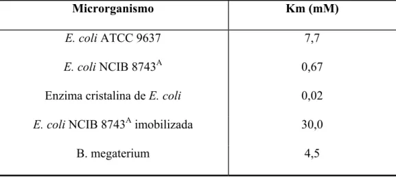 Tabela 2.2: Comparação dos valores de Km da hidrólise de penicilina por penicilinas  acilases (Savidge e Cole, 1975)