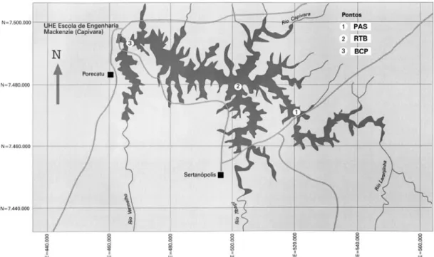 FIGURA 4. Localização das estações de coleta no reservatório de Capivara, médio  curso do rio Paranapanema (adaptada de CESP, 1998)