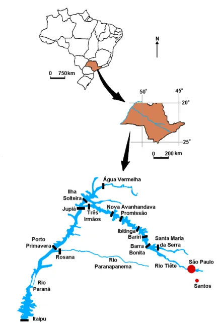Figura 2.2 – Mapa do Estado de São Paulo com a localização das represas nas bacias dos Rios Tietê e Paraná.
