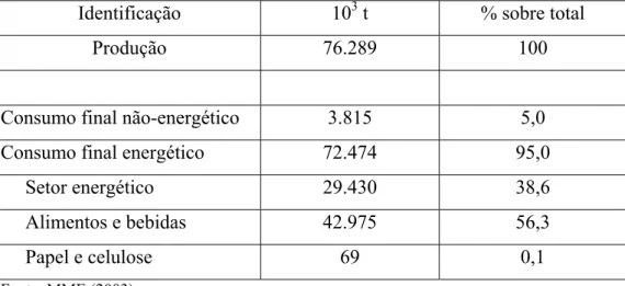 Tabela 3.2 – Produção e consumo final energético de bagaço da cana-de-açúcar por setor, 2001 (em %).