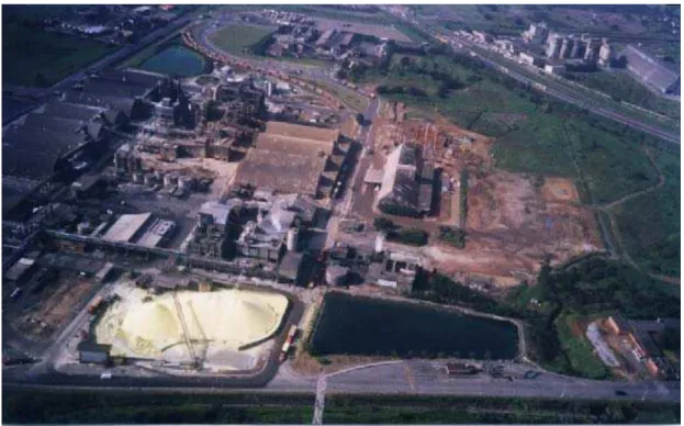 FIGURA 11 – Foto aérea com detalhe das industrias de fertilizantes e cimento situadas  na região de Piaçaguera em Cubatão (2002)