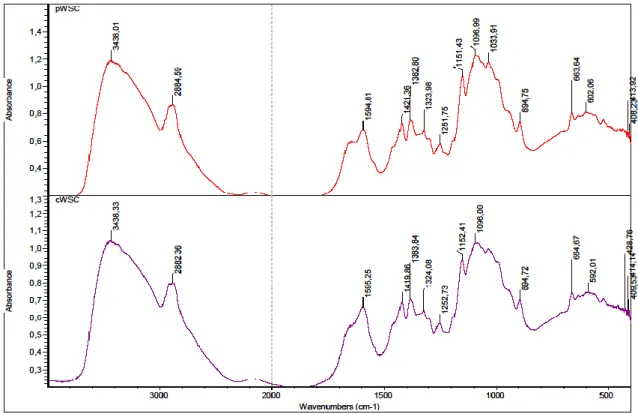 Figure  10  -  Fourier  Transform  Infrared  spectra  for  water  soluble  chitosan  (WSC)  samples  from  carapace (DD%, 55±3.21) and pereopods (DD%, 72±0.86) body parts