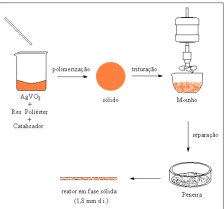 Figura 3.2 - Procedimento de imobilização do reagente AgVO 3  em resina de poliéster  e preparo do reator em fase sólida