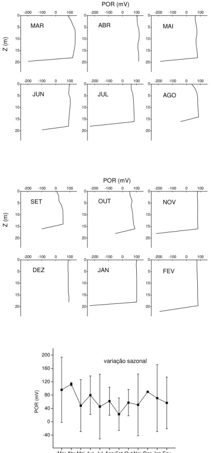 Figura 10 – Variações verticais e sazonal dos potenciais de oxi-redução do reservatório  de Barra Bonita (março/2001 a fevereiro/2002)