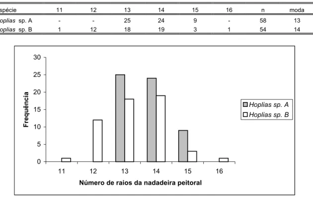 Tabela XV: Distribuição de freqüência do número de raios da nadadeira peitoral das  espécies de Hoplias analisadas
