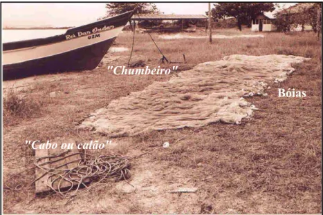 Figura 10: Rede utilizada na pesca da manjuba, denominada rede de &#34;filó&#34;. Observa- Observa-se na foto as partes da rede