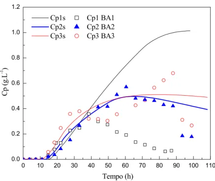 Figura 4.3 Simulações e resultados experimentais da concentração de AC para os  cultivos BA1 (F= 0,084 L.h -1  e Cs e =30 g.L -1 ), BA2 (F= 0,084 L.h -1  e Cs e =15 g.L -1 ) e  BA3 (F= 0,042 L.h -1  e Cs e =30 g.L -1 ) 