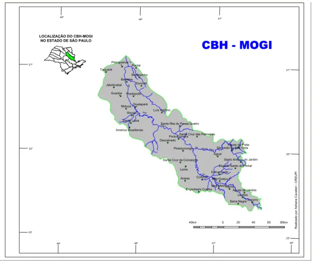 FIGURA 5.1- Localização da Bacia Hidrográfica do Mogi-Guaçu no Estado de São  Paulo e dos municípios na bacia