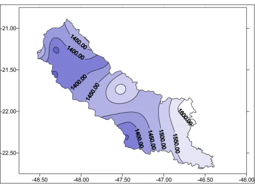 FIGURA 5.7 - Médias anuais de precipitação em mm para um período de 30 anos (1961  a 1990) para a bacia hidrográfica do Mogi Guaçu