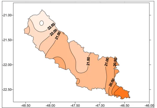 FIGURA 5.8 – Médias anuais de temperatura para a bacia hidrográfica do Mogi-Guaçu. 