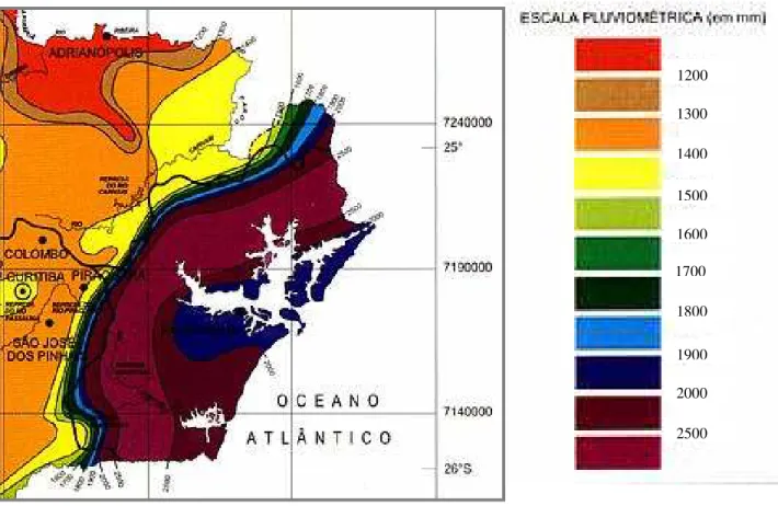 Figura 10 – Mapa da precipitação anual na região litorânea do estado do Paraná.  Fonte: SUDERHSA, 1998