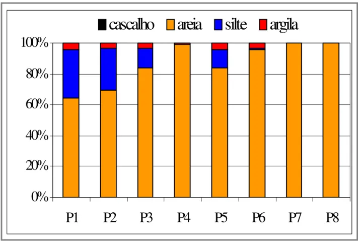 Figura 11 – Variação da freqüência percentual dos componentes sedimentológicos em cada ponto  amostral