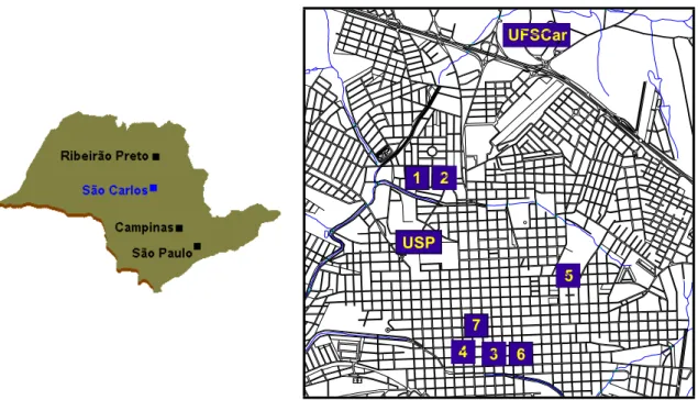 Figura 4.2: Localização da cidade de São Carlos, no estado de SP, e das edificações  analisadas no mapa da cidade