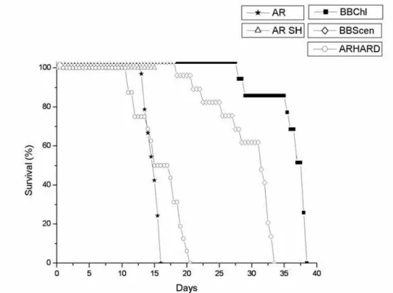 Figure 3. Survival (%) of individuals of C. silvestrii submitted to five different  treatments: AR, ARSH, ARHard, BBScen, and BBChl