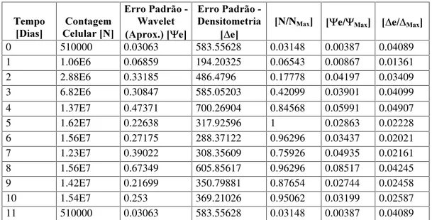 Tabela A1 – Resultados da Análise de Contagem Celular, Erro Padrão - Wavelet (das imagens aproximadas),  Erro  Padrão  -  Densitometria  do  Experimento  1  para  a  célula  de  inseto  'URVRSKLOD PHODQRJDVWHU 6 para  imagens de 200x de magnificação com o 