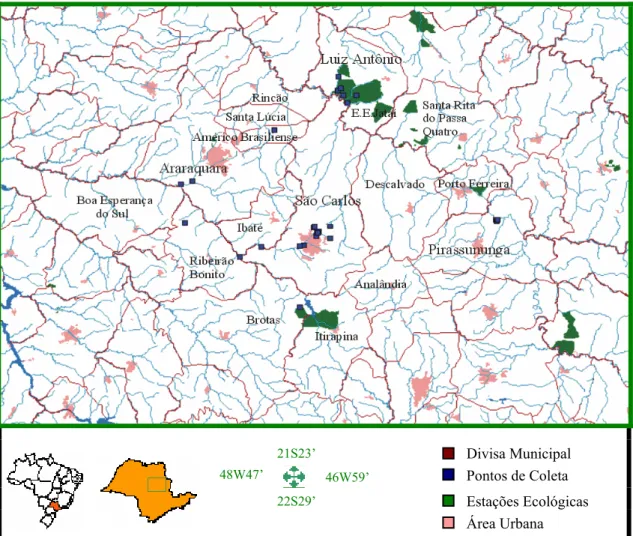Figura 4. Mapa de São Paulo, indicando as localidades onde foram realizadas as  coletas (Fonte: A TLAS  S INBIOTA - BIOTA/FAPESP)
