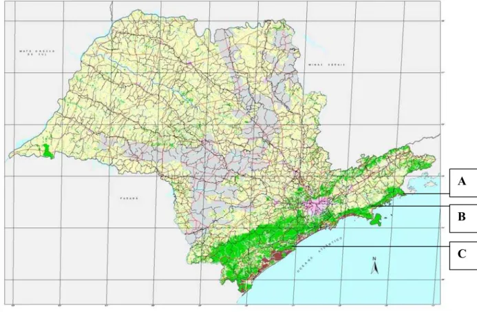 Figura 1: Ilustração das áreas de coleta no mapa dos remanescentes florestais da Mata  Atlântica do Estado de São Paulo:  A) Parque Estadual da Serra do Mar, núcleo  Picinguaba;  B) Parque Estadual da Serra do Mar, núcleo Caraguatatuba; C) Estação  Ecológi