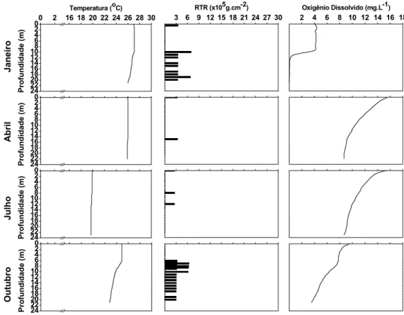 FIGURA 8 - Temperatura, resistência térmica relativa (RTR) e concentração de oxigênio  dissolvido na coluna d'água da represa Ponte Nova em 2001