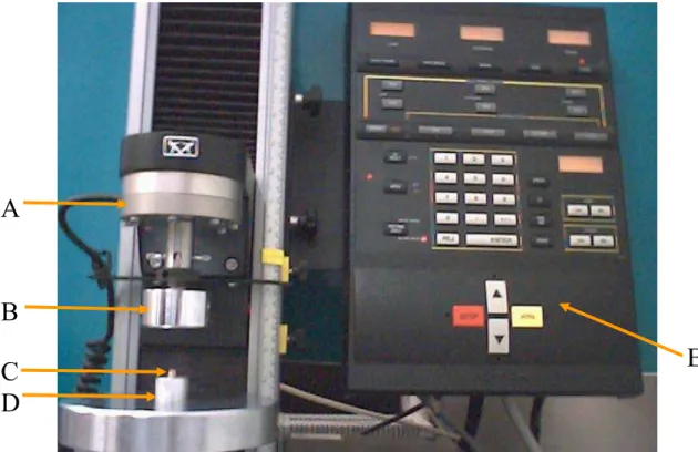 Figura 2- Foto da máquina de ensaio universal Instron (modelo 4444), demonstrando um  teste de compressão em corpo vertebral (L 5 ) de rato