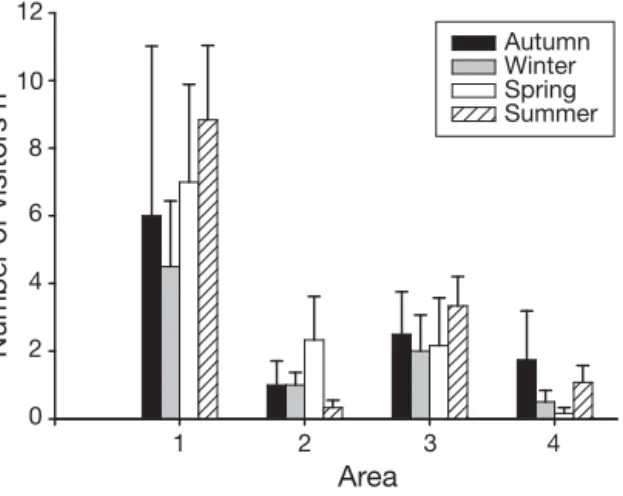 Fig. 2. Human frequentation (mean number of visitors per hour + SE, n = 6) in different areas and different seasons of the year, within the Ascophyllum nodosum population of Viana 