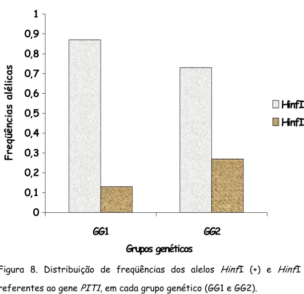 Figura 8. Distribuição de freqüências dos alelos  Hinf I (+) e  Hinf I (–)   referentes ao gene  PIT1 , em cada grupo genético (GG1 e GG2)