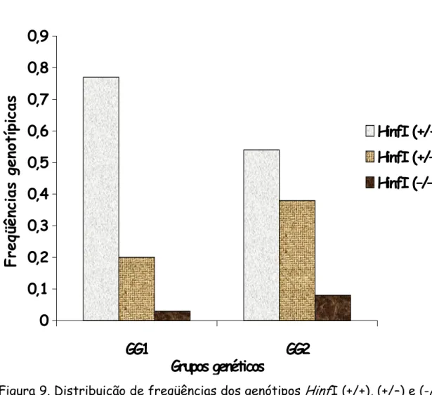 Figura 9. Distribuição de freqüências dos genótipos  Hinf I (+/+), (+/–) e (-/–)  referentes ao gene  PIT1 , em cada grupo genético (GG1 e GG2)