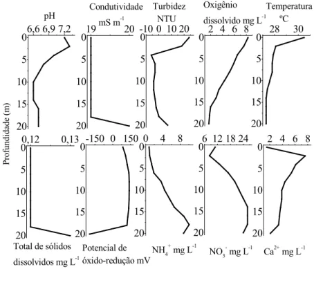 Figura 6. Perfis de variáveis físico-químicas das coletas realizadas em 20/03/2001 – outono (A) e 09/07/2001 –inverno (B).