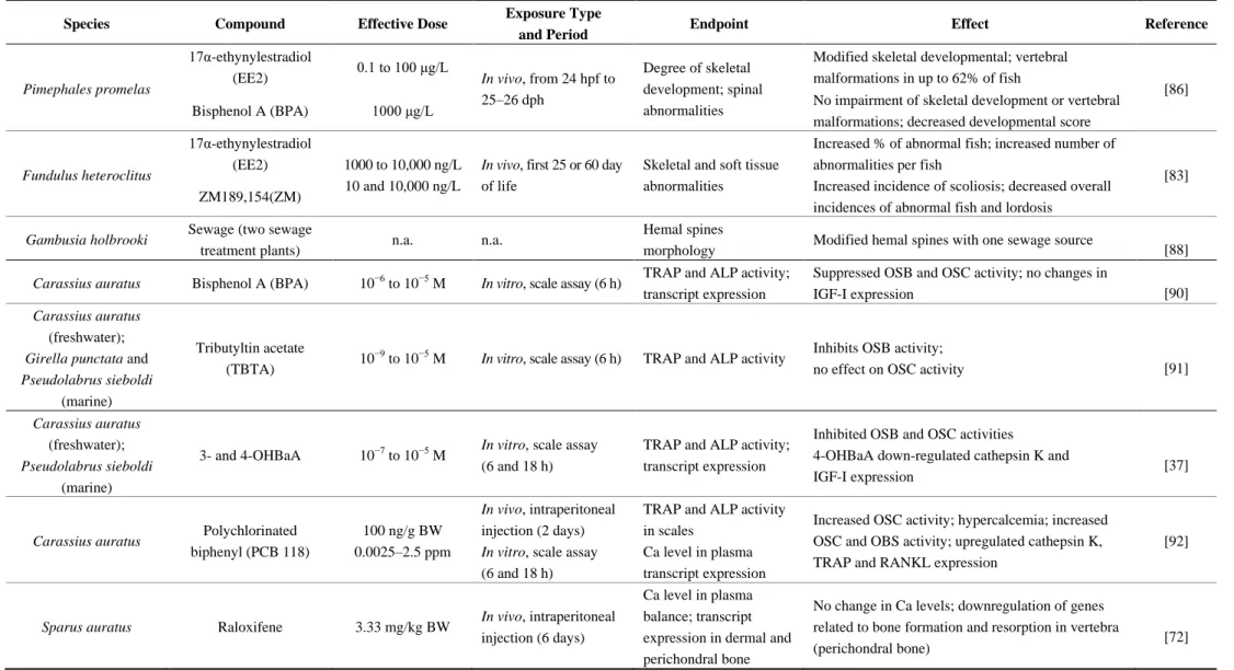Table 3. Selected examples of the reported effects of estrogenic disrupting compounds on fish mineralized tissues