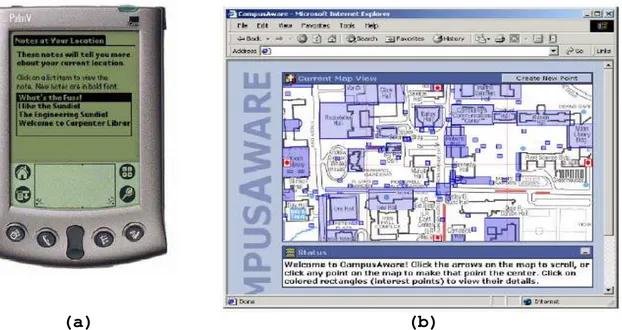 Figura  2.6 - Dispositivo móvel com dados sobre a localização do usuário (a) e interface web com o mapa  do campus (b)