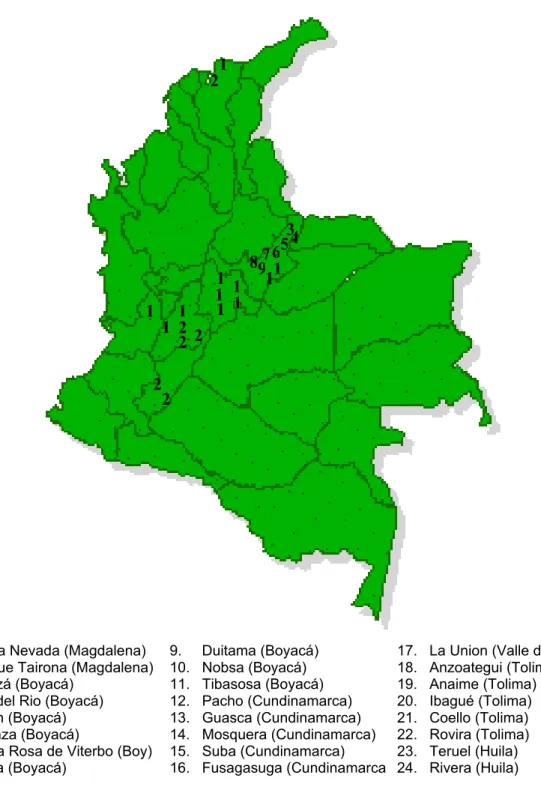 FIGURA 02. Distribuição  das localidades amostradas na Colômbia. Os departamentos aos quais pertence as diferentes localidades são indicados em parênteses