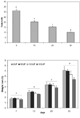 fig 2.   Pulp firmness evolution of ‘Piel de  Sapo’ melon fruit during storage at 9 ºC.