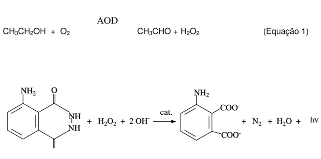 FIGURA 2.3 – Esquema simplificado das reações envolvidas no procedimento  proposto. Equação 1: conversão enzimática do etanol, Equação 2: reação  quimiluminescente com o luminol