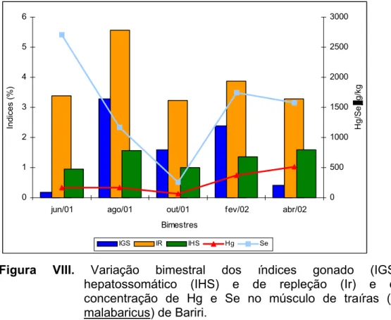Figura VIII. Variação bimestral dos índices gonado (IGS),  hepatossomático (IHS) e de repleção (Ir) e da  concentração de Hg e Se no músculo de traíras (H