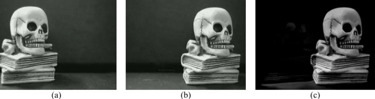 Figura 2.18: a) cena original; b) mesma cena posteriormente; c) subtração da (b) e  (a), note que somente objeto que se mexeu na cena aparece no resultado